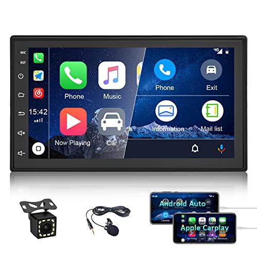 CAMECHO Android 10 Radio Coche GPS con Carplay y Android Auto 7 Pulgadas Pantalla táctil Radio Bluetooth Coche con WiFi FM Car Stereo+Cámara Trasera+ Micrófono Externo +Doble USB