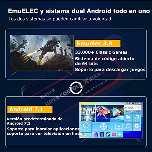 Consola de juegos Super Console X Stick con más de 33000 juegos, sistemas Emuelec 3.9 / Android 7.1, 2 en salida UHD de 1,4K, compatible con PS1 / PSP / DC, WiFi, 2 gamepads (64GB)