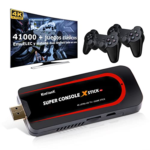 Consola de juegos Super Console X Stick con más de 41000 juegos, sistemas Emuelec 3.9 / Android 7.1, 2 en salida UHD de 1,4K, compatible con PS1 / PSP / DC, WiFi, 2 gamepads (128GB)