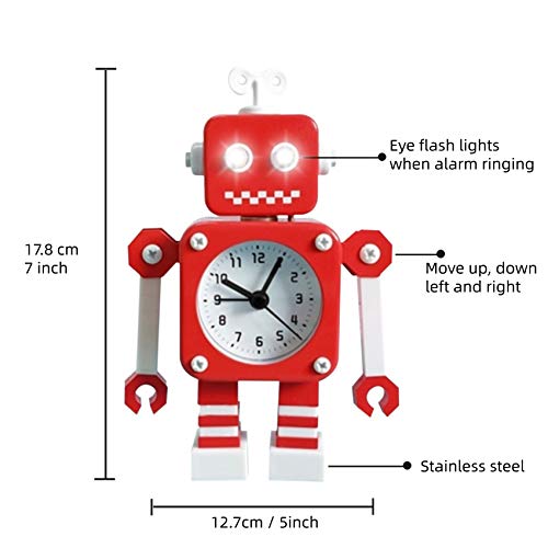 Diskary Reloj Despertador en Forma de Robot de Acero Inoxidable, Silencioso, con Ojos Que se Iluminan y Brazos Giratorios, un Regalo Ideal para Niños y Niñas (Rojo Blanco)