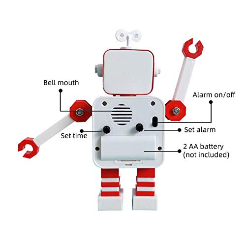 Diskary Reloj Despertador en Forma de Robot de Acero Inoxidable, Silencioso, con Ojos Que se Iluminan y Brazos Giratorios, un Regalo Ideal para Niños y Niñas (Rojo Blanco)