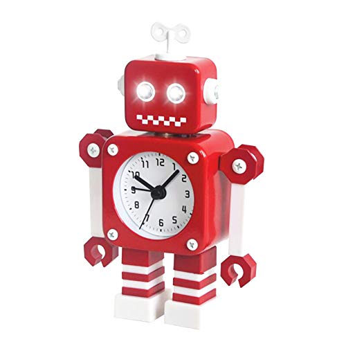 Diskary Reloj Despertador en Forma de Robot de Acero Inoxidable, Silencioso, con Ojos Que se Iluminan y Brazos Giratorios, un Regalo Ideal para Niños y Niñas (Rojo Blanco)