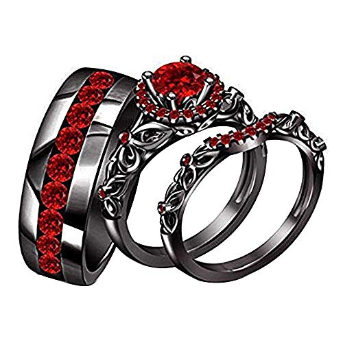 DiviDiamonds - Juego de anillos de boda de estilo vintage con granate de 1,45 quilates, chapado en oro negro de 14 quilates