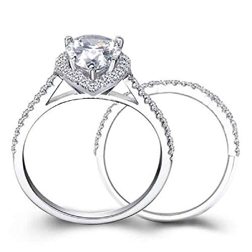 Dividiamonds Juego de anillos de boda de plata de ley 925 con acabado en oro blanco de 14 quilates con circonita cúbica cortada en pera de 4 quilates para él y ella