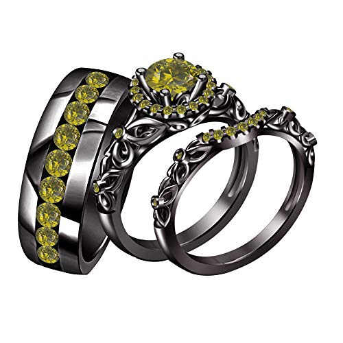 DiviDiamonds - Juego de anillos de boda para él y para ella (1,45 quilates, diamante peridoto, chapado en oro negro de 14 quilates)