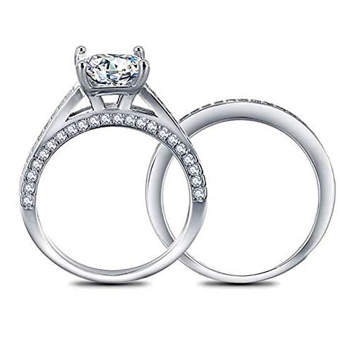 Dividiamonds Juego de anillos de plata de ley 925 de 2 quilates con corte princesa de diamante de imitación chapado en oro blanco de 14 quilates para bodas y para él