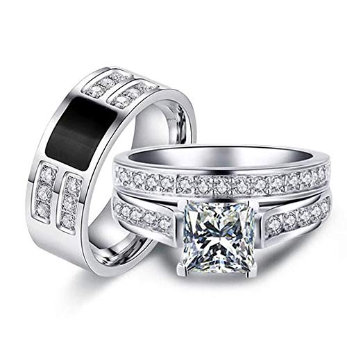 Dividiamonds Juego de anillos de plata de ley 925 de 2 quilates con corte princesa de diamante de imitación chapado en oro blanco de 14 quilates para bodas y para él