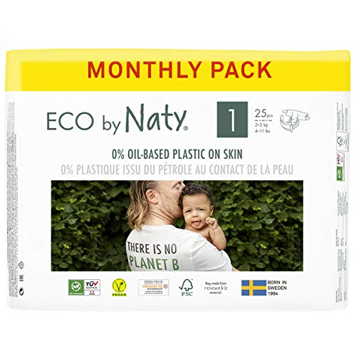 Eco by Naty Pañales, Talla/Tamaño 1, 100 unidades, 2-5 kg, suministro para UN MES, Pañal ecológico Premium hecho a base de fibras vegetales 0% plásticos derivados del petróleo en contacto con la piel