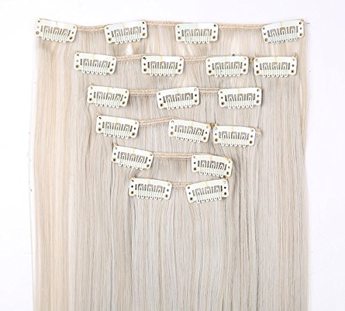 Extensiones de Cabello Natural Clip in Extensions Cabeza llena 8 Piezas 18 Clips Sintético Resistente al Calor Pedazo de Cabello Recto 66cm Rubio ceniza mix gris-plata