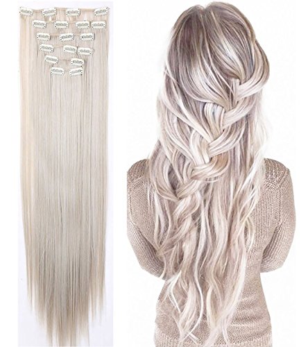 Extensiones de Cabello Natural Clip in Extensions Cabeza llena 8 Piezas 18 Clips Sintético Resistente al Calor Pedazo de Cabello Recto 66cm Rubio ceniza mix gris-plata