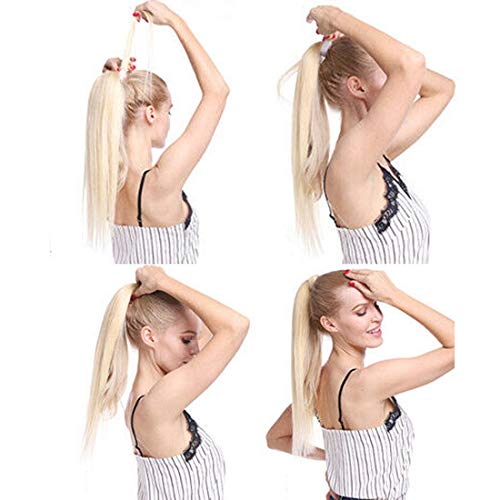 Extensiones de Clip de Pelo Natural Cola de Caballo Recto Pedazo de Cabello Wrap around Ponytail Extensions 58cm Blanco