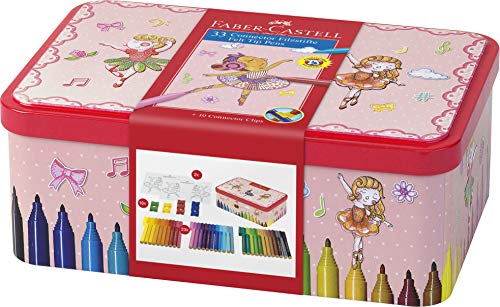 Faber-Castell 155534 - Caja metálica con 33 rotuladores Connector, 10 clips y 2 plantillas para colorear con motivo de bailarina, multicolor