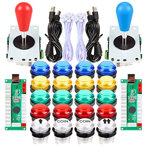 Fosiya 2 Jugadores Kit Arcade Ellipse Oval Style 8 Ways Bat Joystick + 20 Botones LED Arcade para 2 Jugadores Controladores de Videojuegos Todos Windows PC MAME Raspberry Pi 3 4 (Colores Mezclados)