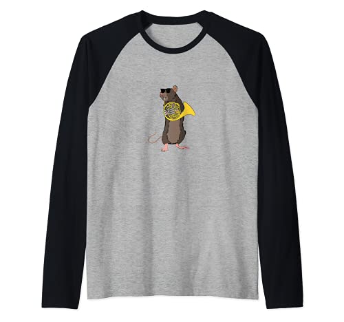 Funny Rat Wearing Sunglasses Playing French Horn Camiseta Manga Raglan