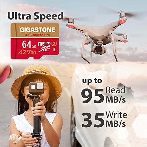 Gigastone Micro SD 64GB, Pack de 5, 4K Camera Pro para GoPro, Cámara de Acción, Wyze, Drone, Nintendo-Switch, 95/35MB/s Lec/Esc, UHS-I U3 A2 V30