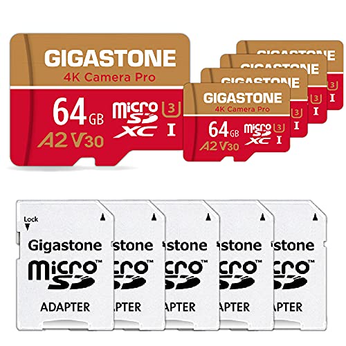 Gigastone Micro SD 64GB, Pack de 5, 4K Camera Pro para GoPro, Cámara de Acción, Wyze, Drone, Nintendo-Switch, 95/35MB/s Lec/Esc, UHS-I U3 A2 V30