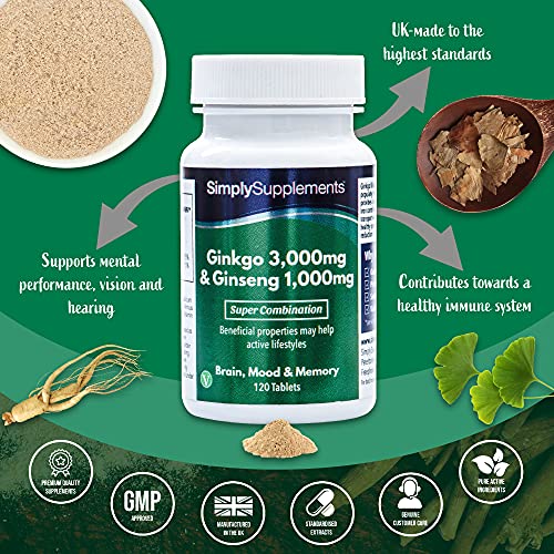 Ginkgo Biloba y Ginseng Coreano - ¡Bote para 2 meses! - Apto para veganos - 120 Comprimidos - SimplySupplements