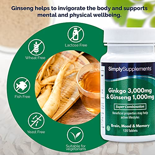 Ginkgo Biloba y Ginseng Coreano - ¡Bote para 2 meses! - Apto para veganos - 120 Comprimidos - SimplySupplements