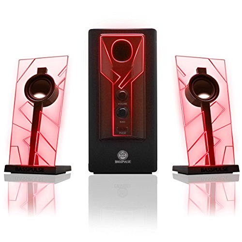 GOgroove BassPULSE 2.1 Altavoces PC Gaming con Luces LED y Subwoofer Activo - Sistema de Altavoces para Juegos en Computadoras de Escritorio, Portátiles, PC 40 Vatios, Graves Pesados ​​- Rojo