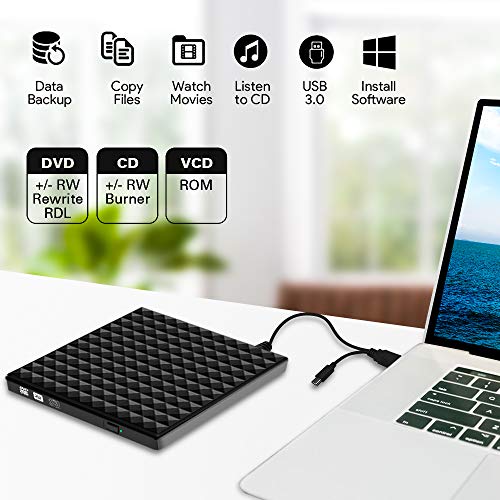 Grabadora CD DVD Externa, Lector Unidades de Discos Externos USB 3.0 Tipo C, Ultra Slim Disquetera CD Player Rewriter para Ordenador Portátil, Computadora, PC Compatible con Win10/8/7/ Linux/Mac OS