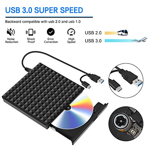 Grabadora CD DVD Externa, Lector Unidades de Discos Externos USB 3.0 Tipo C, Ultra Slim Disquetera CD Player Rewriter para Ordenador Portátil, Computadora, PC Compatible con Win10/8/7/ Linux/Mac OS