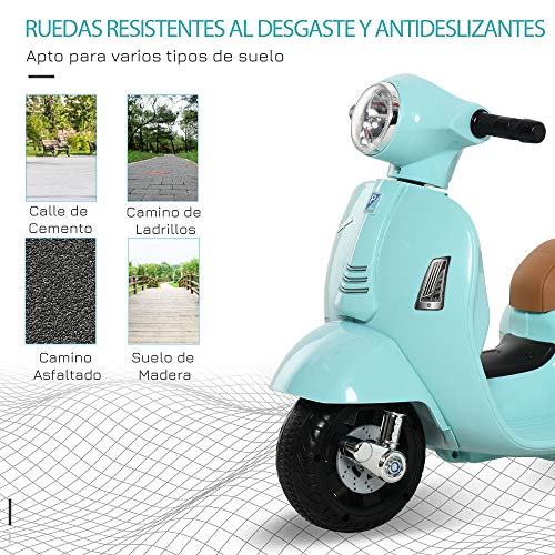 HOMCOM Moto Eléctrica Vespa para Niños de 18-36 Meses con Faro Bocina y 4 Ruedas Motocicleta Infantil con Licencia 66,5x38x52 cm Verde