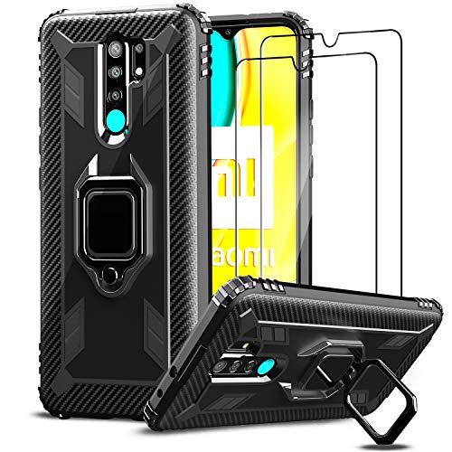 IMBZBK Funda para Xiaomi Redmi 9 + [2 Pack] Protector Pantalla Xiaomi Redmi 9 Cristal Templado, [Soporte Giratorio de 360 Grados con Anillo de Dedo][Grado Militar Anti-Golpe] TPU Silicona