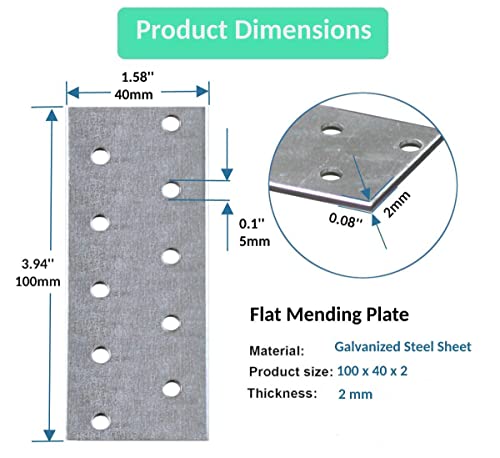 Juego de 10 unidades de 100 x 40 x 2 mm Planas de conexión perforadas para reparación de unión de madera, conectores galvanizados