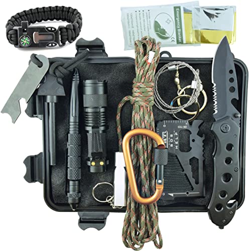 Kit de Supervivencia Militar Profesional de Tercera Generación Emergencia Montaña Excursión Senderismo al Aire Libre 11En1 Linterna Pulsera Táctica Paracord Multiuso Pedernal Navaja Viaje Acampar