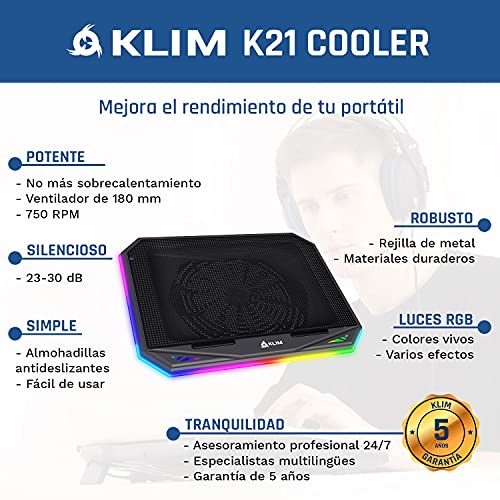 KLIM K21 Base de refrigeración para portátiles RGB - 11" a 17" + Refrigeración para Portátil Gaming + Ventilador USB + Estable y silenciosa + Compatible con Mac y PS4 + New 2022