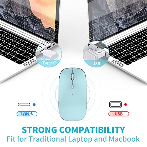 Leolee Ratón Inalámbrico Recargable, 2.4G Silencioso Mini Ultra Delgado Ratón Inalámbrico con 1600DPI, Nano USB/Tipo C Receptor Dual Mouse Portátil para PC, Portátil, Macbook, Chromebook (Azul)