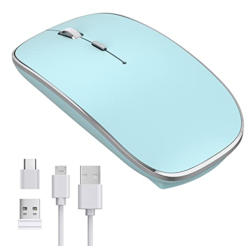 Leolee Ratón Inalámbrico Recargable, 2.4G Silencioso Mini Ultra Delgado Ratón Inalámbrico con 1600DPI, Nano USB/Tipo C Receptor Dual Mouse Portátil para PC, Portátil, Macbook, Chromebook (Azul)