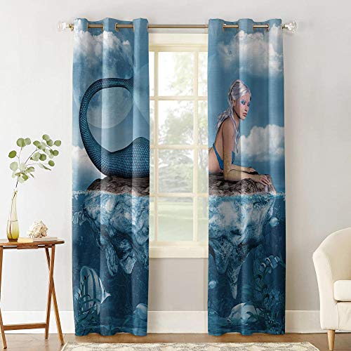 LWXBJX Opacas Cortinas Dormitorio - Azul Sirena Creativo - Impresión 3D Aislantes de Frío y Calor 90% Opacas Cortinas - 280 x 260 cm - Salon Cocina Habitacion Niño Moderna Decorativa