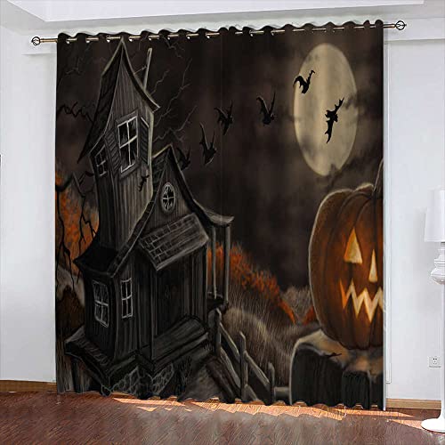 LWXBJX Opacas Cortinas Dormitorio - Horror Castillo Cabeza de Calabaza - Impresión 3D Aislantes de Frío y Calor 90% Opacas Cortinas - 200 x 214 cm - Salon Cocina Habitacion Niño Moderna Decorativa