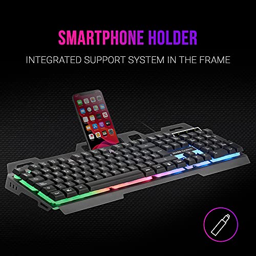 MARSGAMING MK120PT, Teclado Gaming FRGB, Aluminio, Antighosting, Soporte Smartphone, Portugués, Gris y Negro