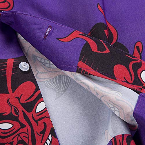 Mcaishen De Gran Tamaño Personalidad Dibujos Animados Impreso Hip Hop Calle Camisa Diablo Completo Impreso Camisa Suelta Verano Harajuku Hawaii Versión Coreana De Protección Solar(L,Purple)