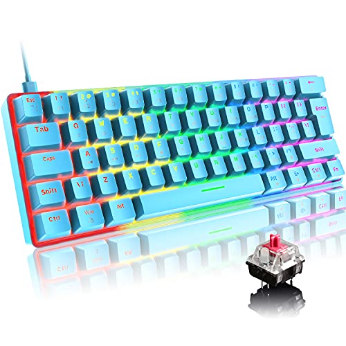 Mini 60% Teclado Mecánico para Juegos,Compacto 62 Teclas,Cable USB-C Desmontable,18 Chroma Retroiluminación RGB,QWERTY Layout,Interruptor Rojo, Anti-Fantasma para Computadora/PC/Laptop/Mac-Azul