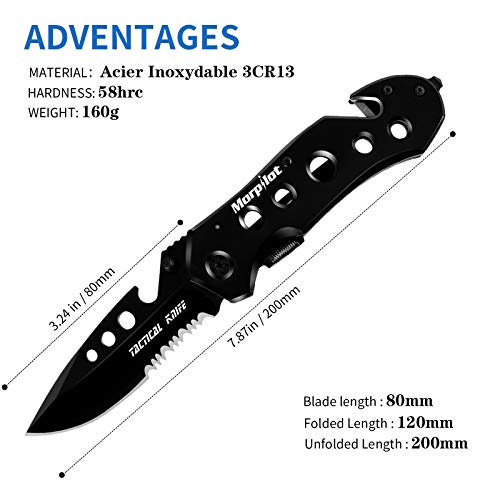 morpilot Navaja, Navaja 5 en 1 Multiusos, con Afilador de Cuchillo, Navaja Caza Pesca, Cuchillo Supervivencia Acero Inoxidable, con Silbato y Brújala, para Actividades Exteriores