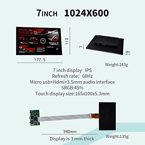 Morton3654Mam Aida64 - Monitor de temperatura para CPU (7 pulgadas, 1024 x 600, IPS, LCD, pantalla táctil para monitor, GPU, ordenador, carcasa de sub, MIPI, PC, pantalla secundaria para PC