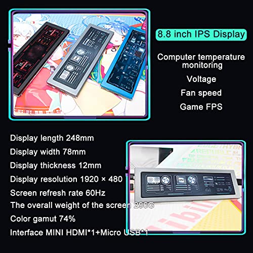 Morton3654Mam Aida64 - Monitor de temperatura para CPU (8,8 pulgadas, 1920 x 480, IPS, LCD, pantalla para monitor GPU, ordenador, carcasa de ordenador, Raspberry Pi, MIPI, kit de construcción)