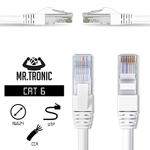 Mr. Tronic 25m Cable de Red Ethernet Trenzado | CAT6, CCA, UTP | Conectores RJ45 | LAN Gigabit de Alta Velocidad | Conexión a Internet | Ideal para PC, Router, Modem, Switch, TV (25 Metros, Blanco)