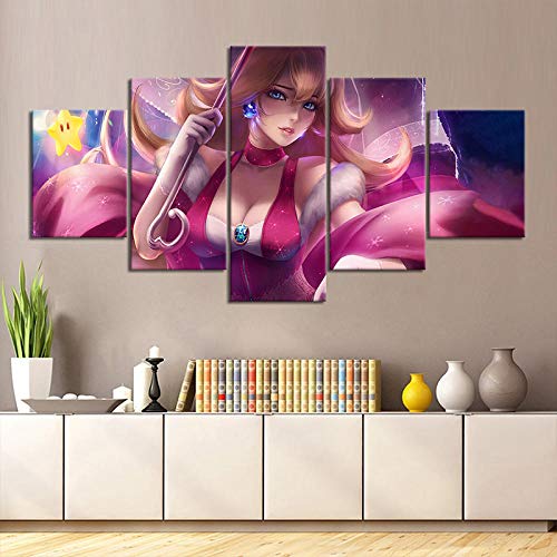 MSHAQT Impresión de Lienzo,5 Piezas Anime Super Mario Bros Princess Peach Estampados Sala De Estar Modular Arte De Pared Póster Decoración Sin Marco Tamaño 2