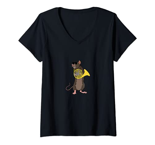 Mujer Funny Rat Wearing Sunglasses Playing French Horn Camiseta Cuello V