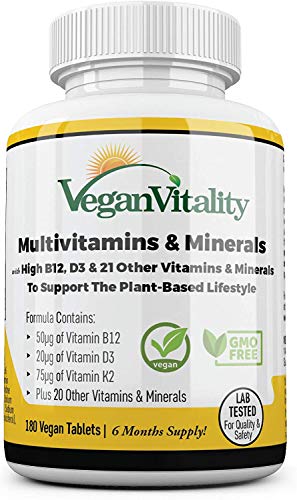 Multivitaminas y minerales veganos con vitamina B12, D3 y K2 de alta resistencia. 180 tabletas multivitamínicas - 6 meses de suministro. Diseñado para veganos y vegetarianos