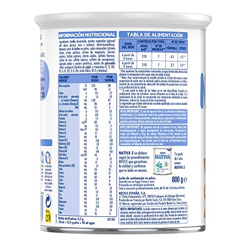 Nestlé NATIVA 2- Leche de continuación en polvo- Fórmula para bebés- A partir de los 6 meses - pack de 3 latas x800 gr - Total: 2400 gr