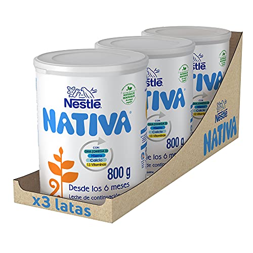 Nestlé NATIVA 2- Leche de continuación en polvo- Fórmula para bebés- A partir de los 6 meses - pack de 3 latas x800 gr - Total: 2400 gr