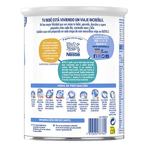 Nestlé NATIVA 2- Leche de continuación en polvo- Fórmula para bebés- A partir de los 6 meses - pack de 3 latas x800 gr - Total: 2400 gr