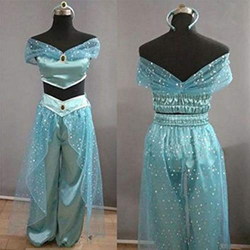 Niña Aladdin Princesa Jasmine Disfraz jazmín Tops Pantalones Manga Corta Traje Cosplay Actuación Carnaval Navidad Regalo Cumpleaños Danza Vientre Vestido de Princesa (Azul Claro, XXL)