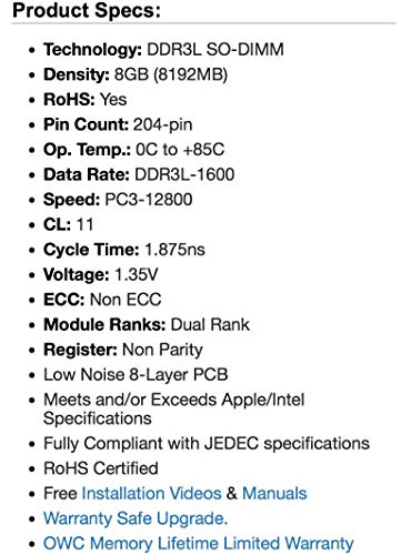 OWC 32GB (4x8GB) PC3-12800 DDR3L 1600MHz SO-DIMM 204 Pin CL11 Kit de actualización de Memoria para iMac, (OWC1600DDR3S32S)
