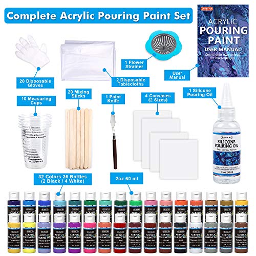 Pintura acrílica, juego de 36 botellas (2 oz) premezcladas de alto flujo de pintura acrílica con lienzo, aceite de silicona, tazas medidoras, manteles, kit completo de verter pintura